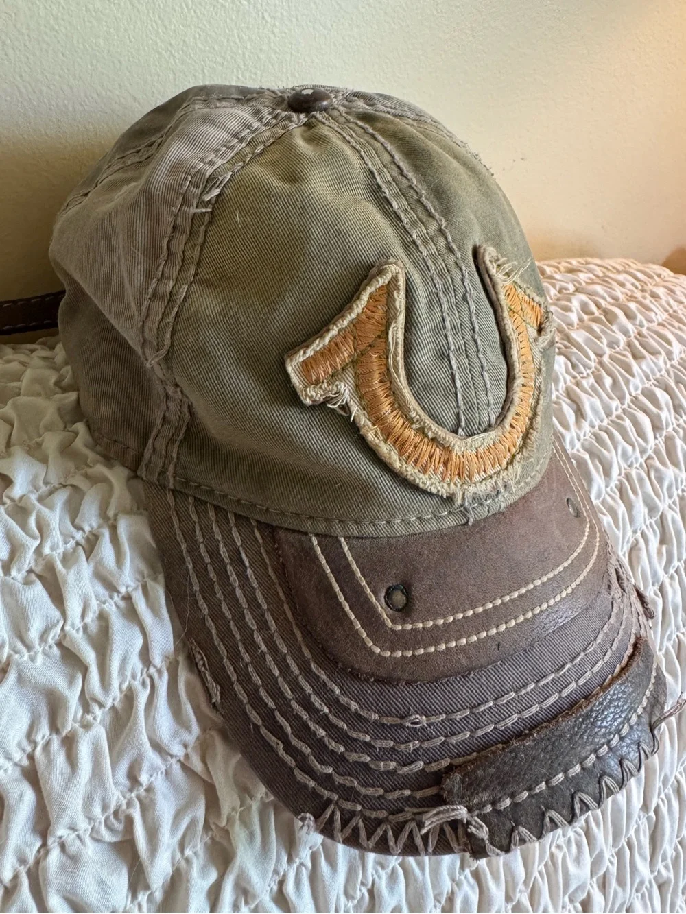 True Religion Distressed Horseshoe & Leather Baseball Hat